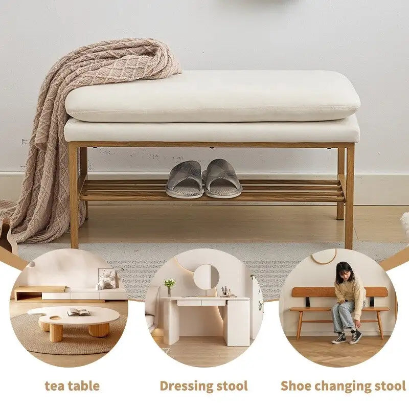 End of Bed Bench with Shelf, Linen Upholstered Storage Shoe Bench,Bedroom Bench with Metal Legs,300 LB