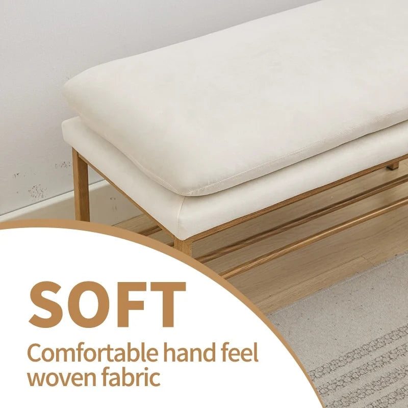 End of Bed Bench with Shelf, Linen Upholstered Storage Shoe Bench,Bedroom Bench with Metal Legs,300 LB