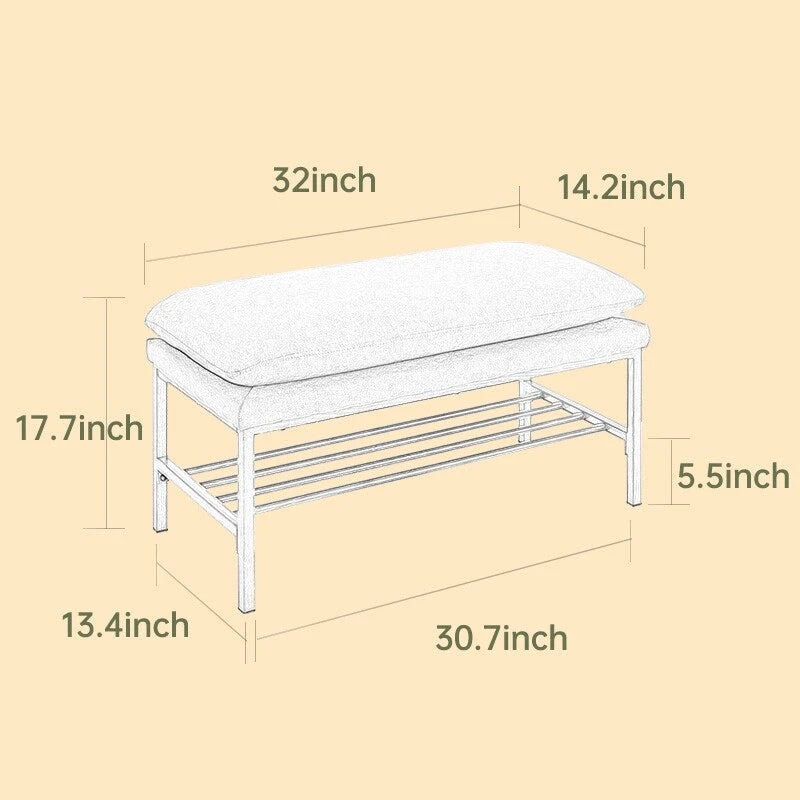 End of Bed Bench with Shelf, Linen Upholstered Storage Shoe Bench,Bedroom Bench with Metal Legs,300 LB