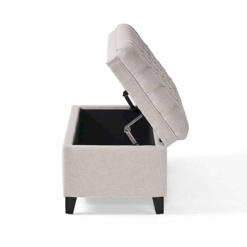 Storage Bench Ottoman, 50 Inch Seat, Button Tufted Gray Fabric
