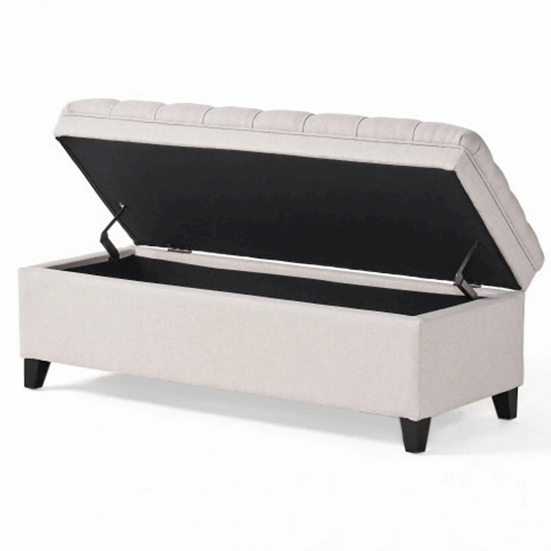 Storage Bench Ottoman, 50 Inch Seat, Button Tufted Gray Fabric