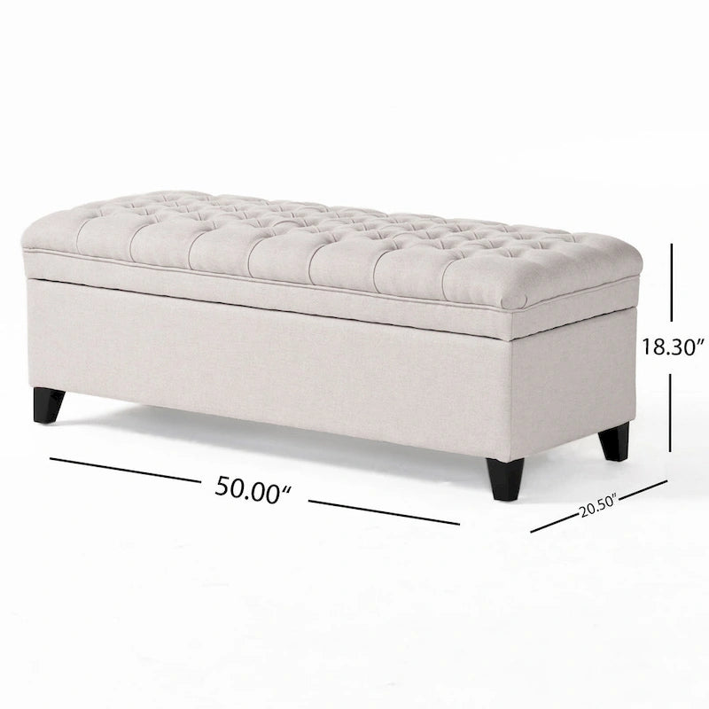 Storage Bench Ottoman, 50 Inch Seat, Button Tufted Gray Fabric
