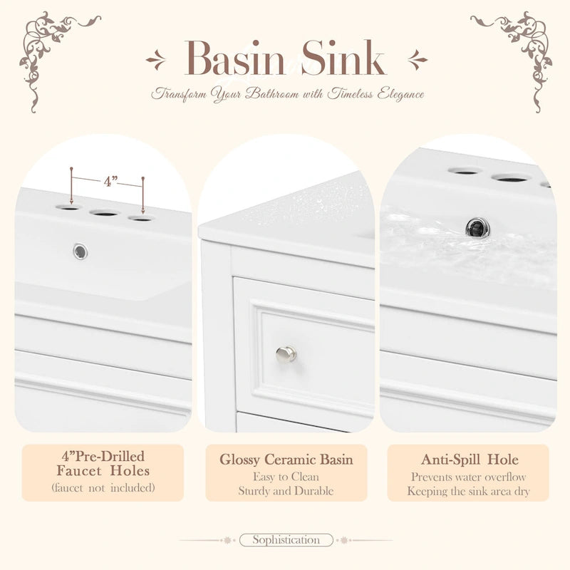 36 Bathroom Vanity Cabinet with Sink Combo Set, Undermount Ceramic Sink, Free Standing Vanity Set with 4 Drawers