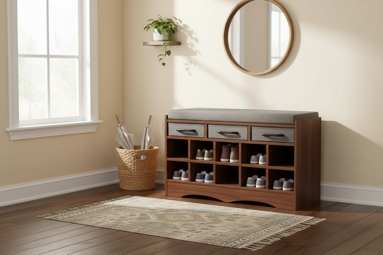 Household Essentials Storage Bench with 3 Drawers, 10 Shoe Compartments, and Cushioned Seat