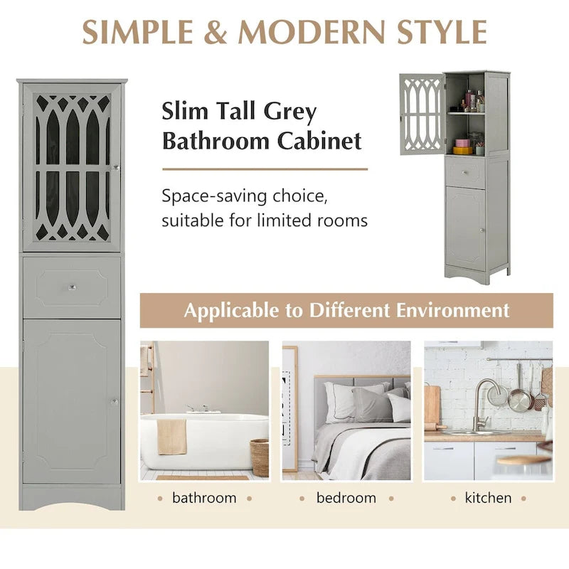 64 Tall Freestanding Bathroom Cabinet with Drawer and Adjustable Shelf