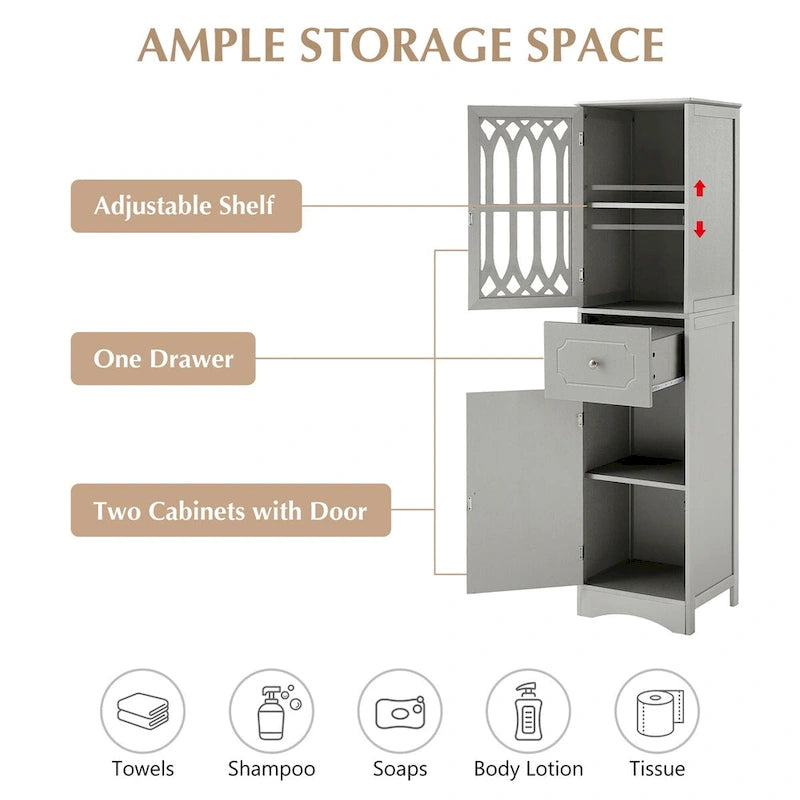 64 Tall Freestanding Bathroom Cabinet with Drawer and Adjustable Shelf