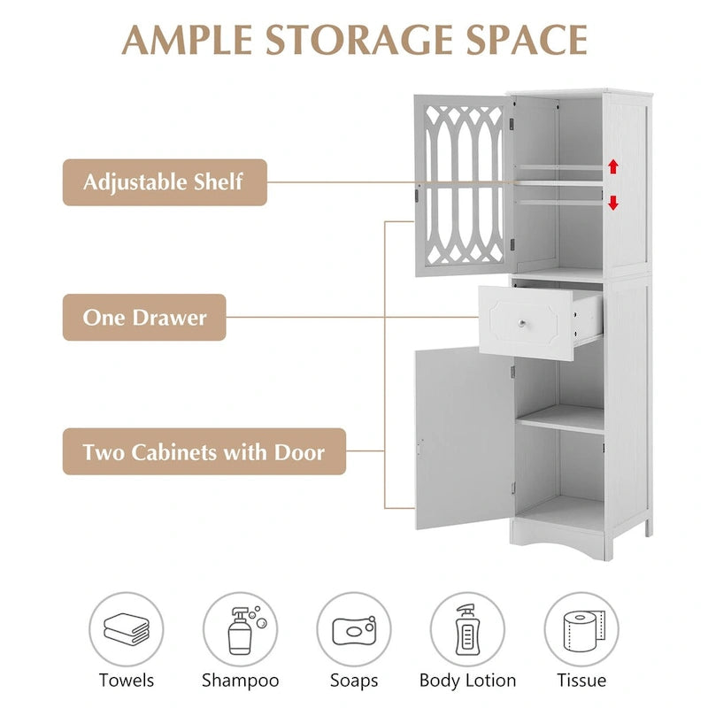 64 Tall Freestanding Bathroom Cabinet with Drawer and Adjustable Shelf