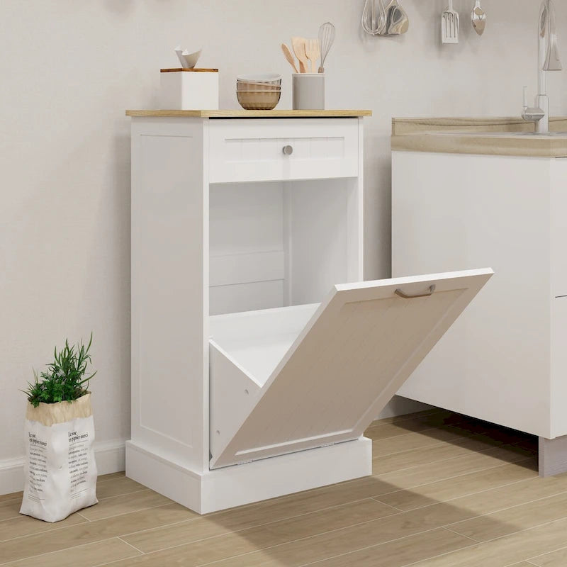 Freestanding Kitchen Trash Cabinet, Modern Wood 20-Inch Tilt-Out Trash Cabinet with Storage Drawer