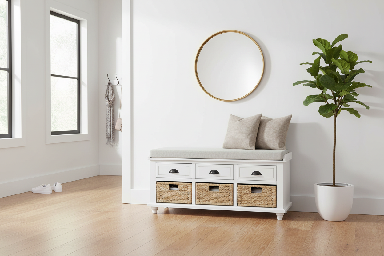 Rustic Storage Bench with 3 Drawers and 3 Rattan Baskets, Shoe Bench for Living Room, Entryway