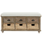 Rustic Storage Bench with 3 Drawers and 3 Rattan Baskets, Shoe Bench for Living Room, Entryway