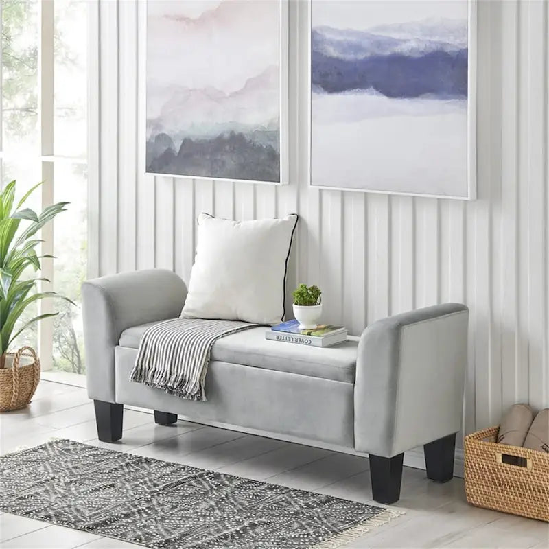 Velvet Ottoman Bench with Storage and Curved Arms