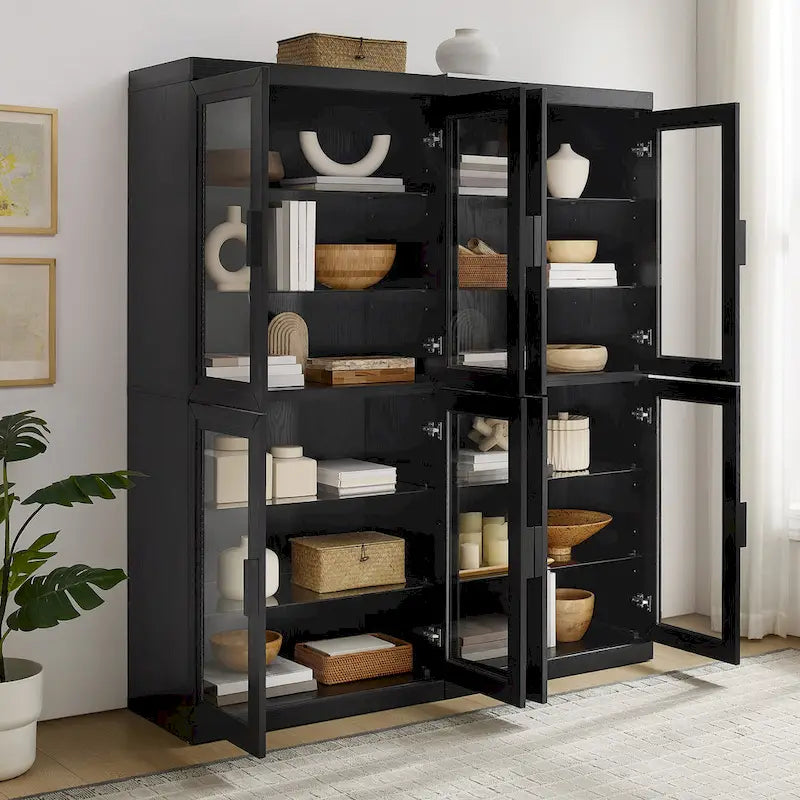 2Pc Glass Door Kitchen Pantry Storage Cabinet Set