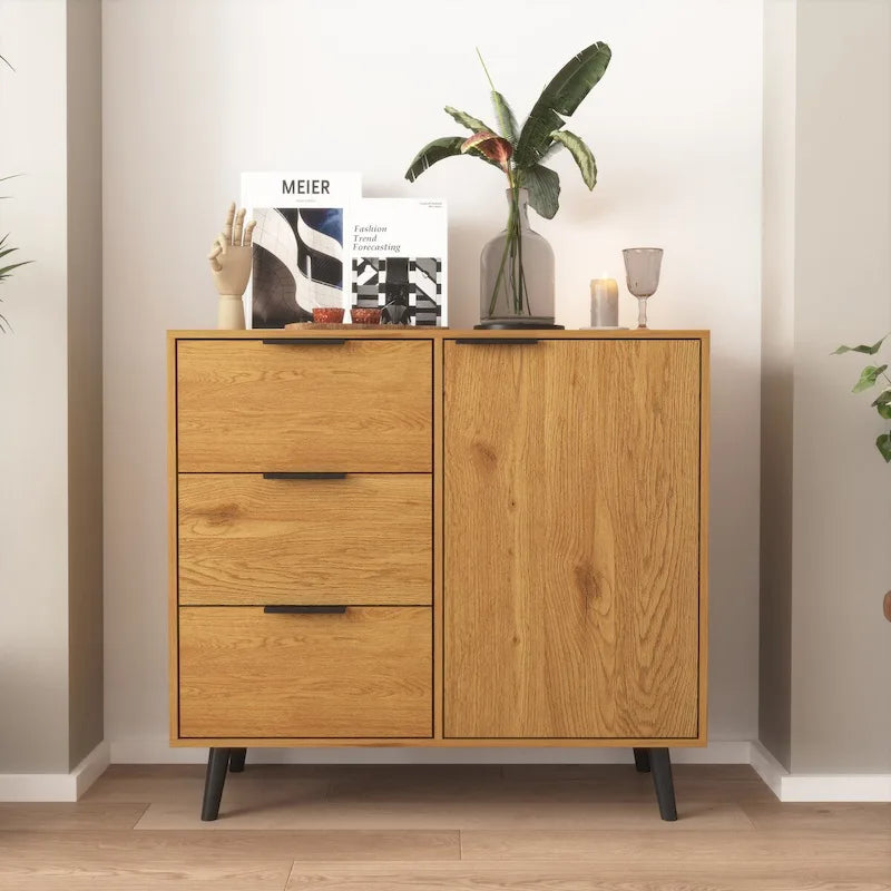 Storage Cabinet with 3 Drawers & Adjustable Shelf, Mid Century Cabinet with Door, Accent Cabinet