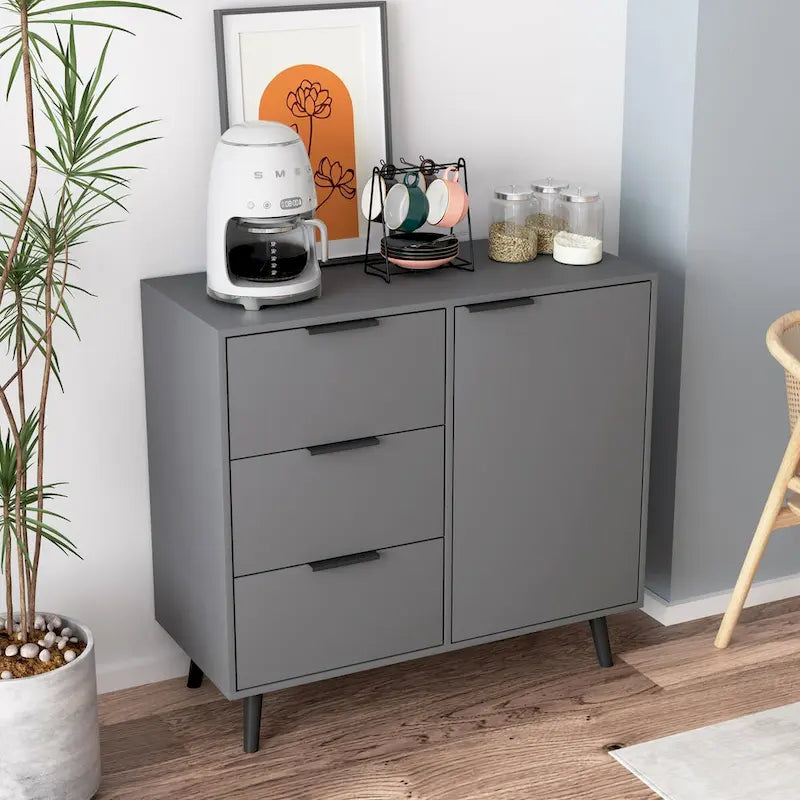 Storage Cabinet with 3 Drawers & Adjustable Shelf, Mid Century Cabinet with Door, Accent Cabinet