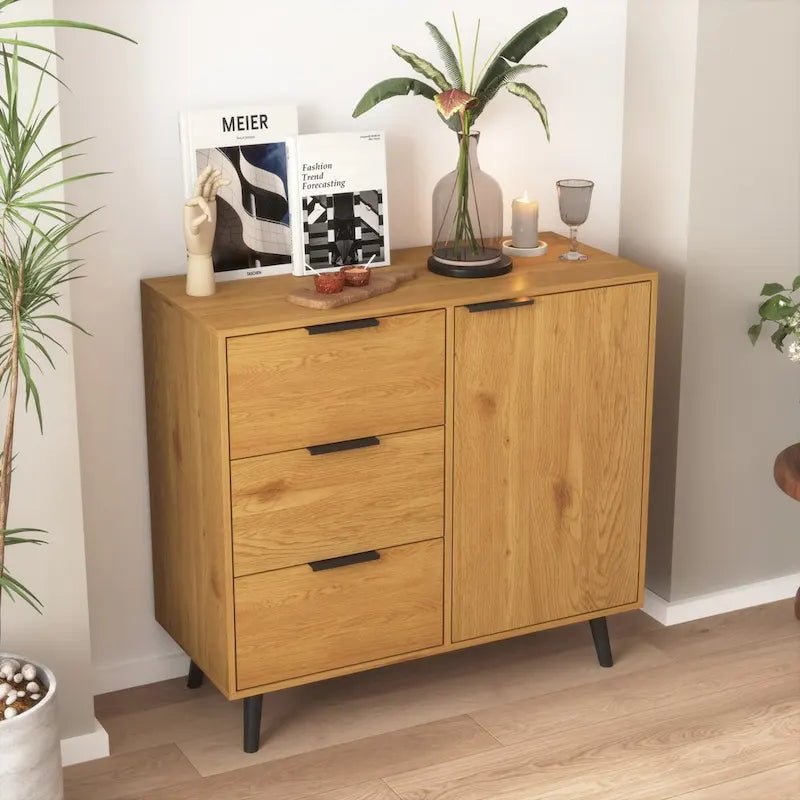Storage Cabinet with 3 Drawers & Adjustable Shelf, Mid Century Cabinet with Door, Accent Cabinet