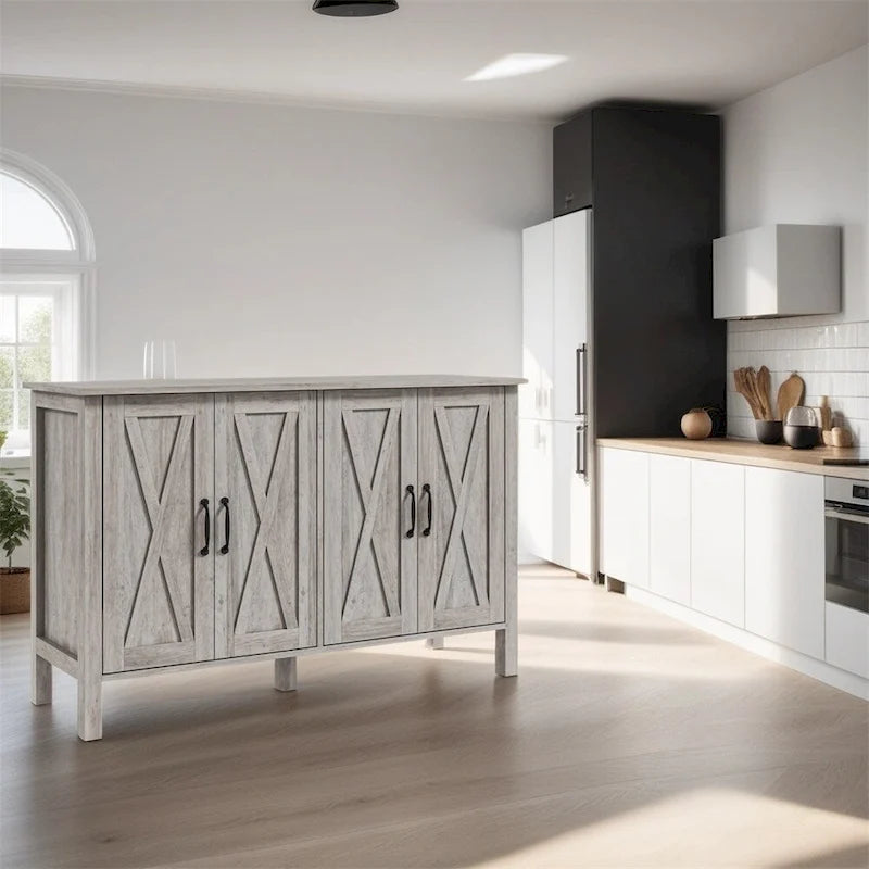 Wood Buffet Cabinet with 4 Barn Doors and 2 Adjustable Shelves