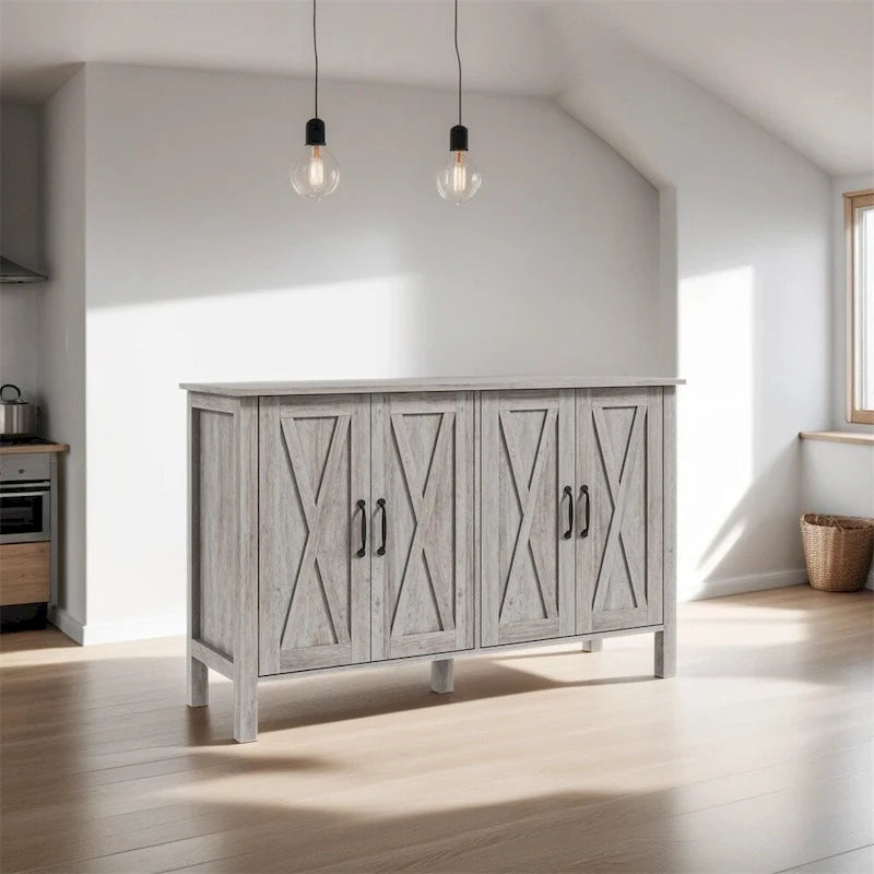 Wood Buffet Cabinet with 4 Barn Doors and 2 Adjustable Shelves