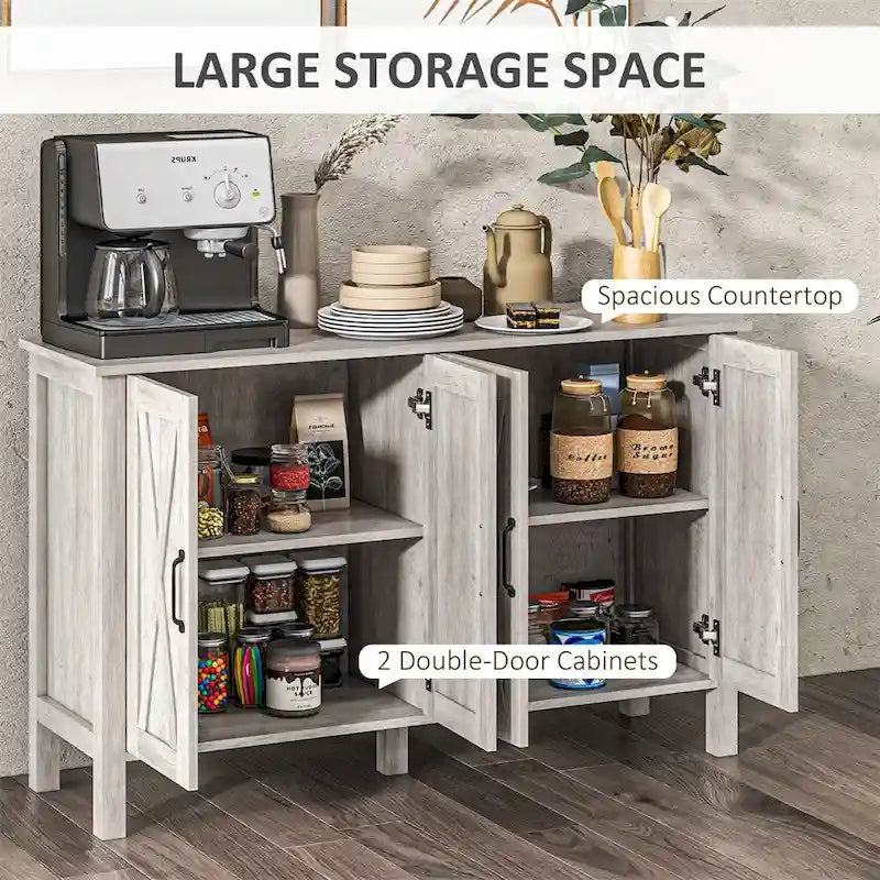 Wood Buffet Cabinet with 4 Barn Doors and 2 Adjustable Shelves