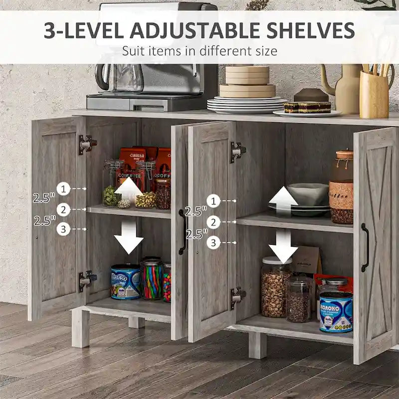 Wood Buffet Cabinet with 4 Barn Doors and 2 Adjustable Shelves