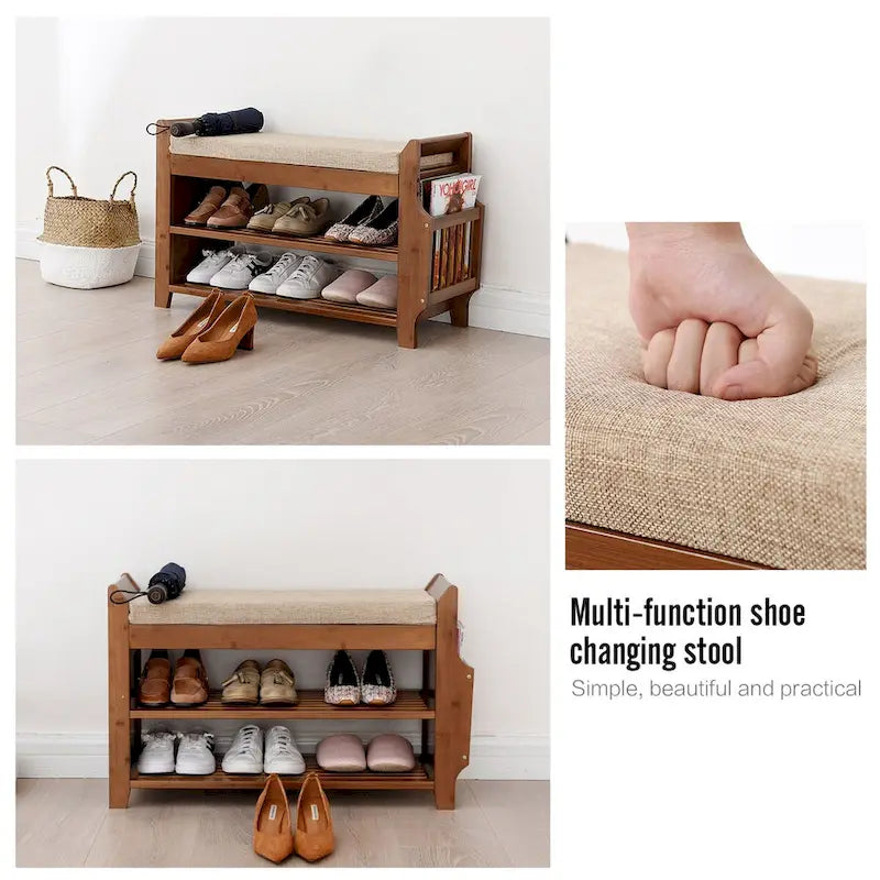 2 Tier Entryway Shoe Storage Organizer Shelf Bamboo Bench - 39.6*11.6*19.6