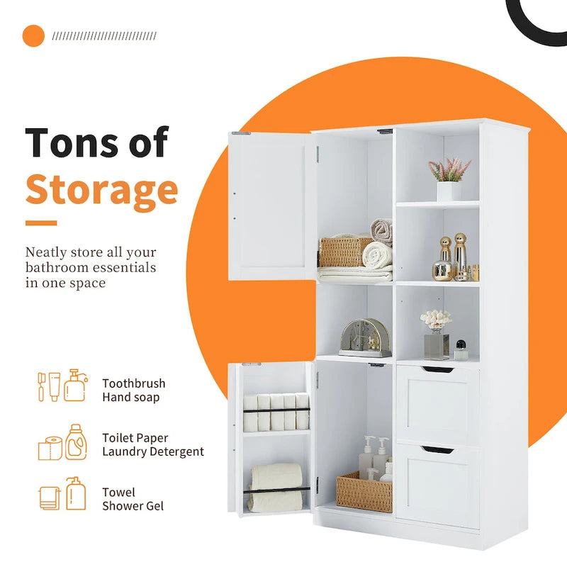 Bathroom Storage Cabinet with 2 Doors, 2 Drawers, Open Shelve & Adjustable Shelf