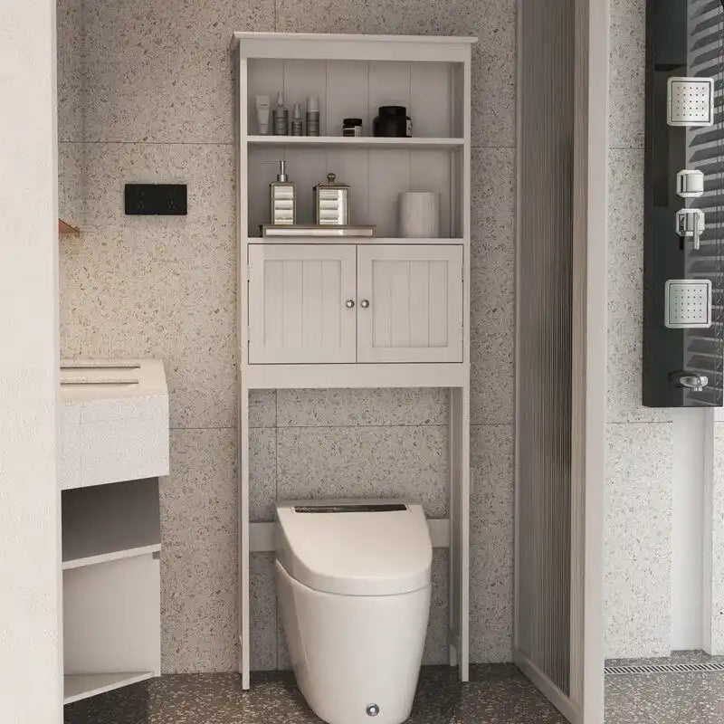Over The Toilet Storage Cabinet, Bathroom Organizer with Two Shelves and Cabinet, Freestanding Wooden 2-Door Toilet Storage Rack