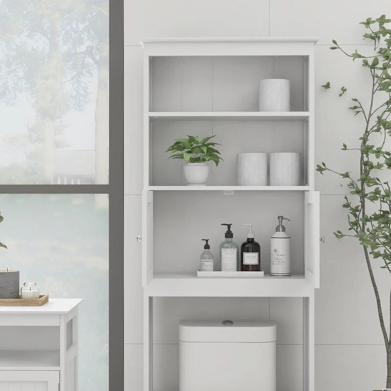 Over The Toilet Storage Cabinet, Bathroom Organizer with Two Shelves and Cabinet, Freestanding Wooden 2-Door Toilet Storage Rack