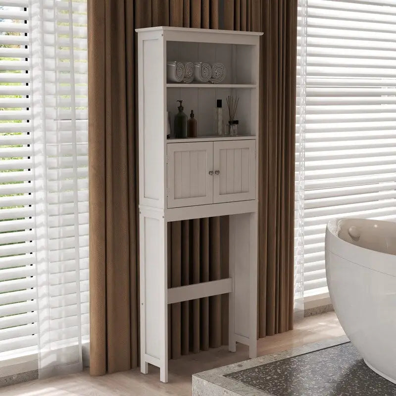Over The Toilet Storage Cabinet, Bathroom Organizer with Two Shelves and Cabinet, Freestanding Wooden 2-Door Toilet Storage Rack