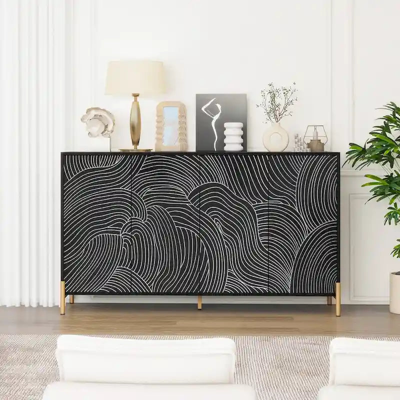 Carved 4 Door Sideboard, Sideboard Buffet Cabinet With Storage, Storage Cabinet with Adjustable Shelf for Living room