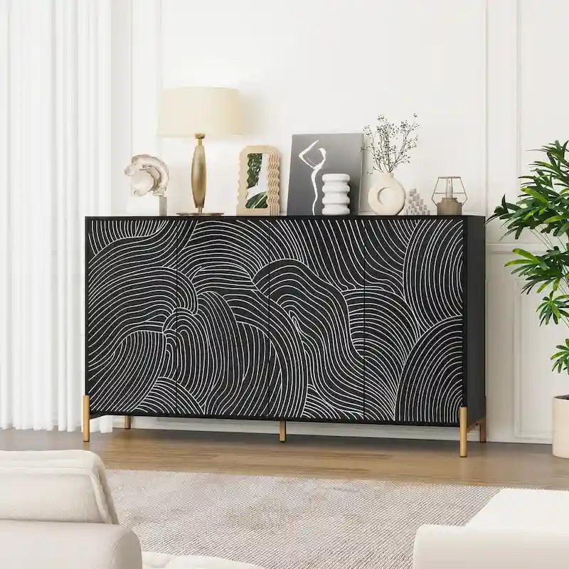 Carved 4 Door Sideboard, Sideboard Buffet Cabinet With Storage, Storage Cabinet with Adjustable Shelf for Living room