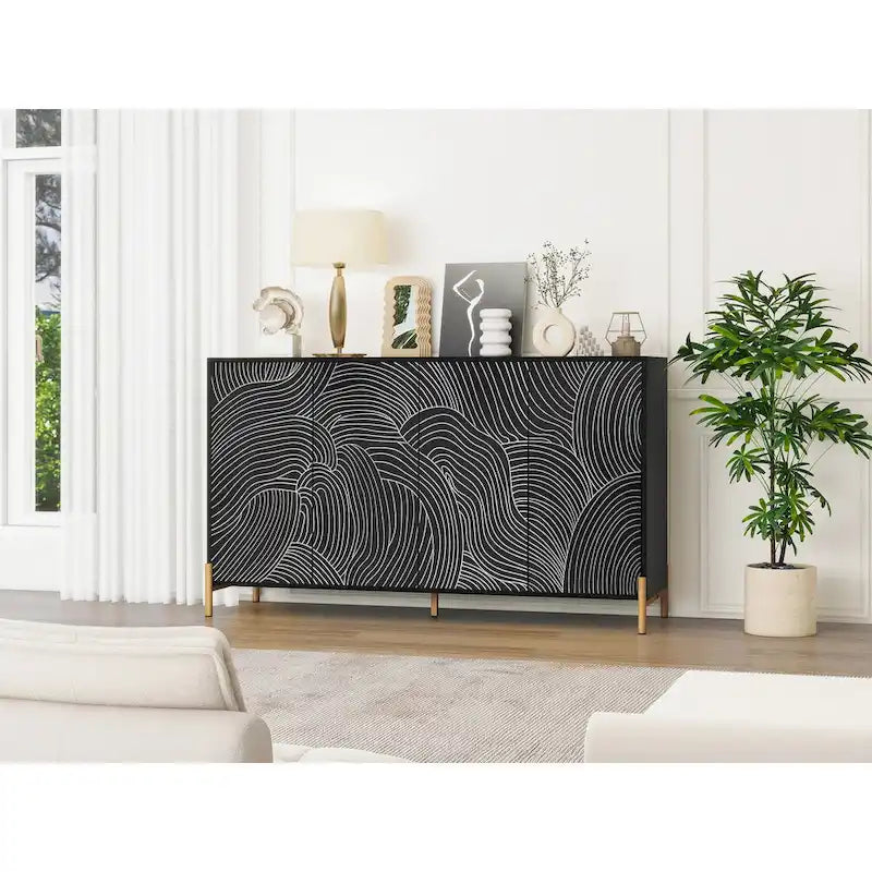 Carved 4 Door Sideboard, Sideboard Buffet Cabinet With Storage, Storage Cabinet with Adjustable Shelf for Living room