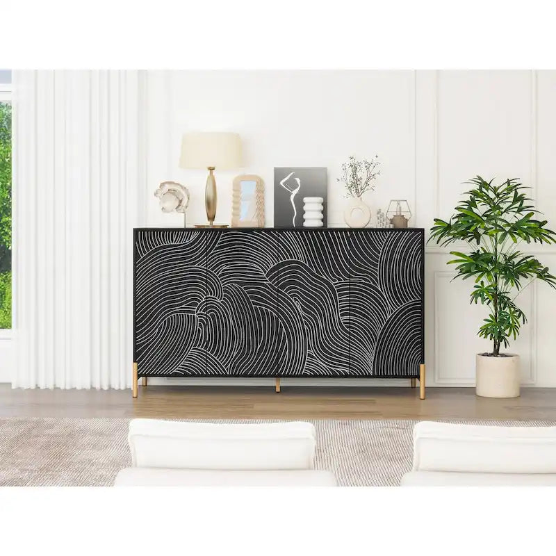 Carved 4 Door Sideboard, Sideboard Buffet Cabinet With Storage, Storage Cabinet with Adjustable Shelf for Living room