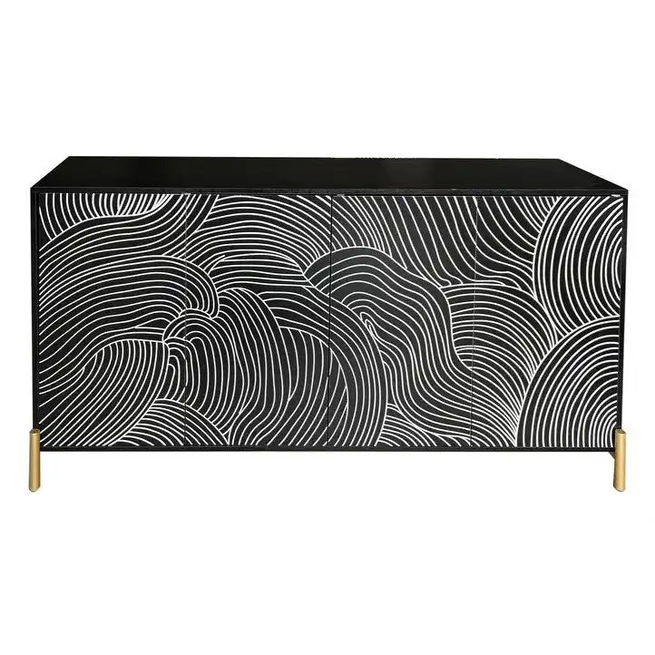 Carved 4 Door Sideboard, Sideboard Buffet Cabinet With Storage, Storage Cabinet with Adjustable Shelf for Living room